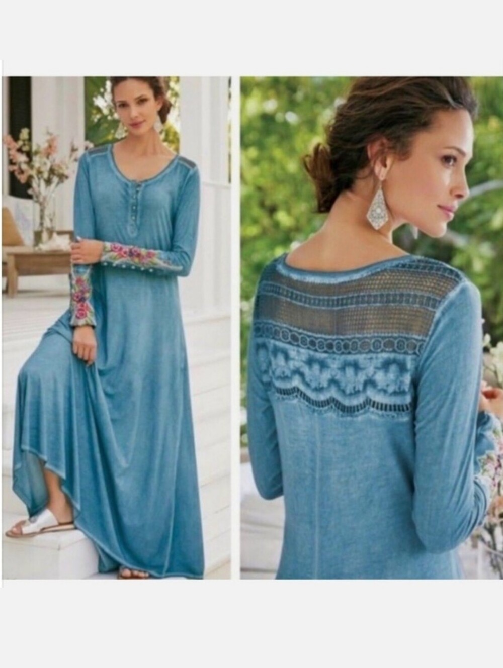 Soft Surroundings Ava Embroidered Maxi Dress – Blue – Small